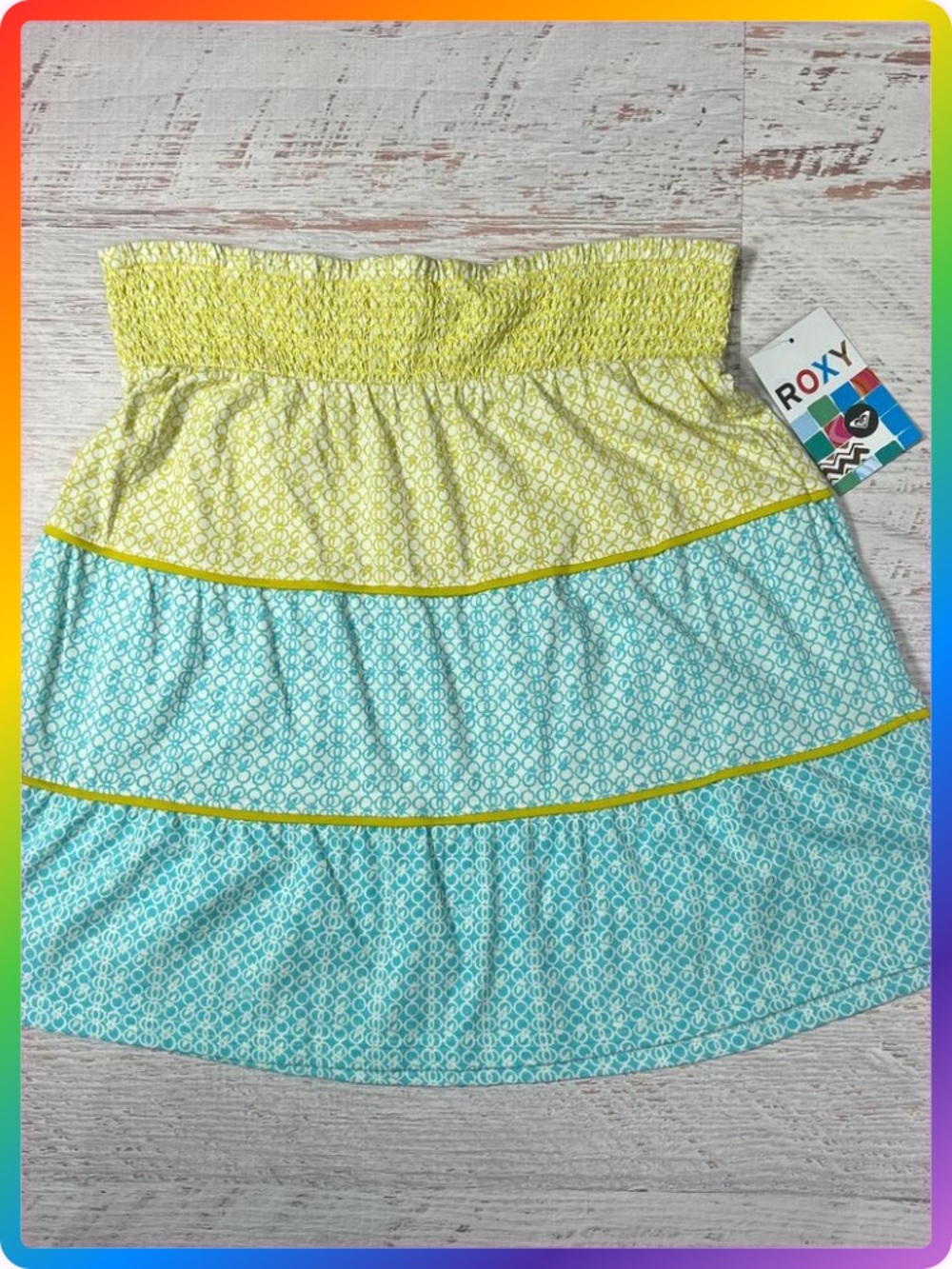 Roxy Bali Tiered Mini Skirt SIZE L Blue Yellow Smocked Waist Boho Beach